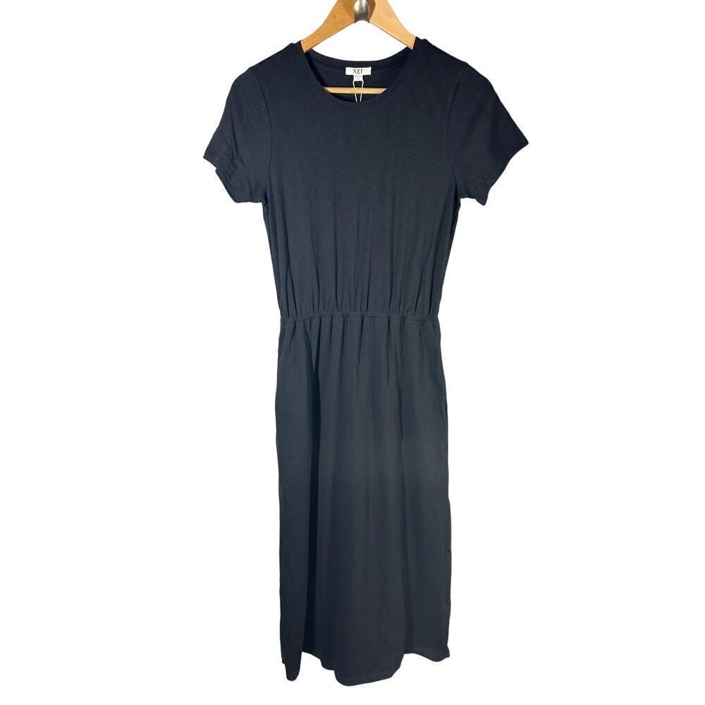 NZT Nic + Zoe Short Sleeve Side Slit Woven Slub Midi Dress Size XS Black